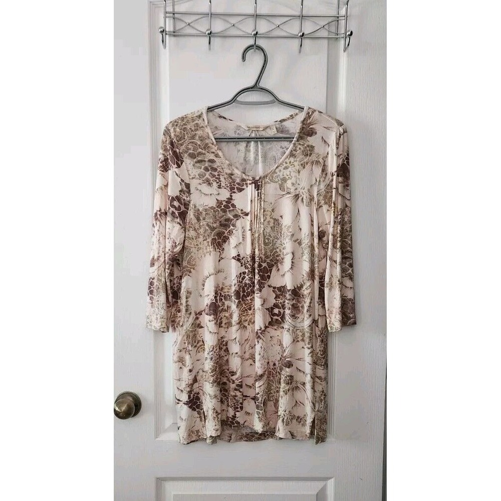 Soft Surroundings Women's Tunic Blouse Floral Animal‎ Print Beige Natural Size M